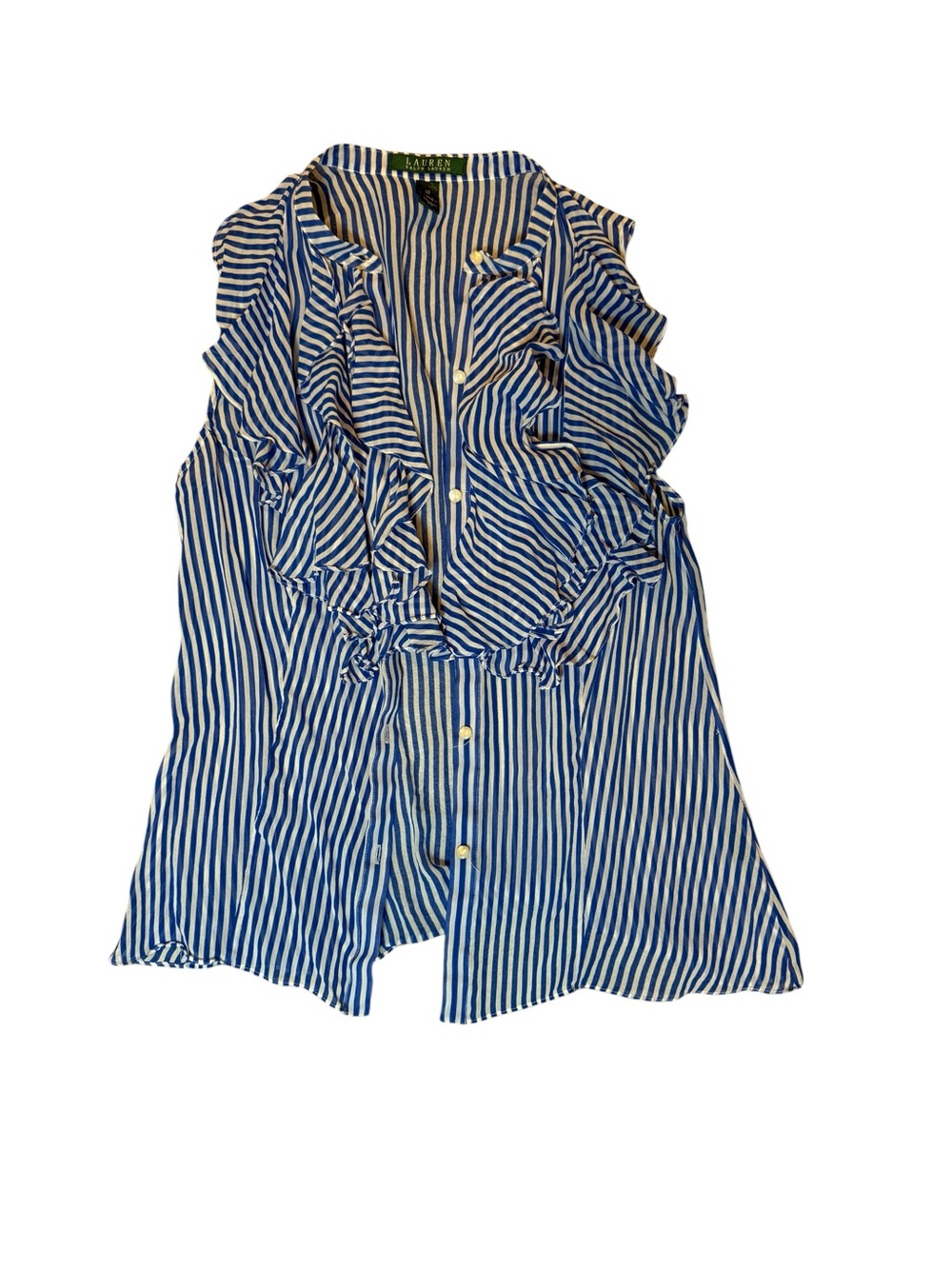Lauren Ralph Lauren Navy & White Striped Ruffle Button Blouse